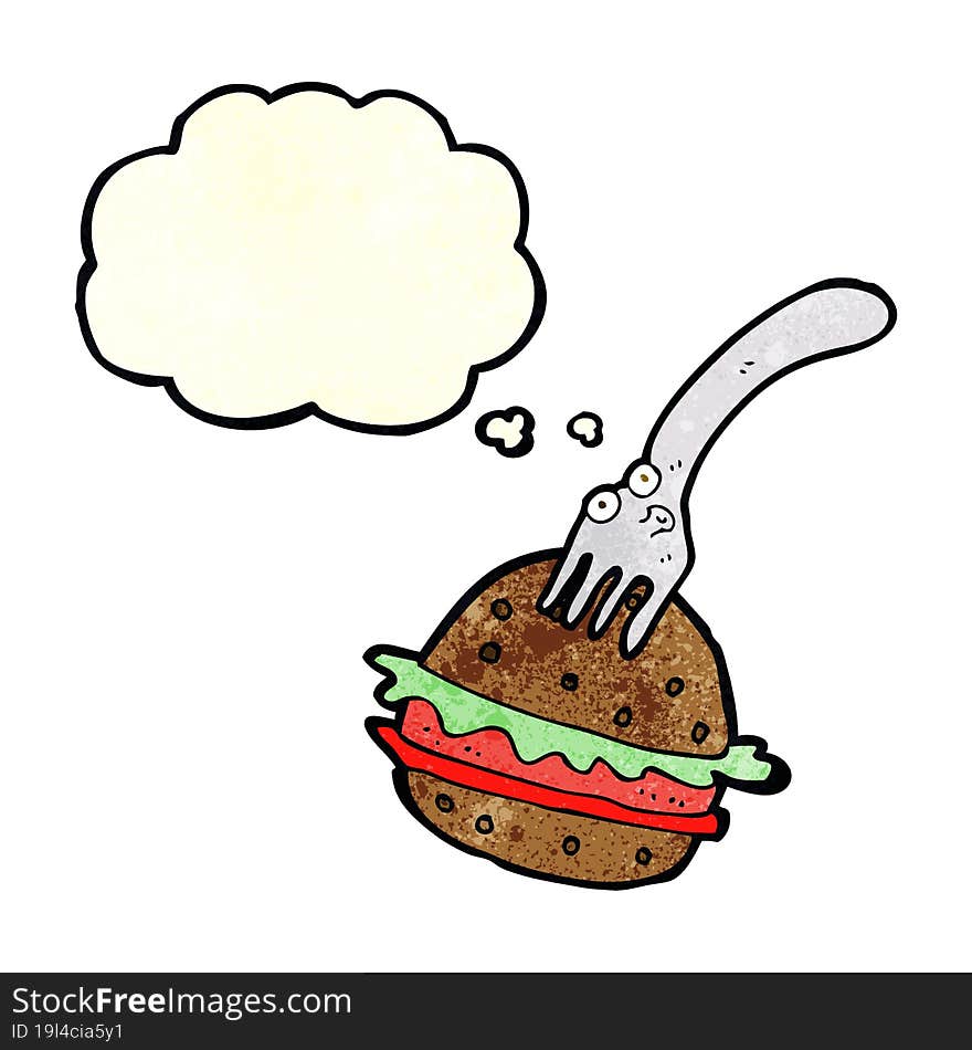 cartoon fork and burger with thought bubble