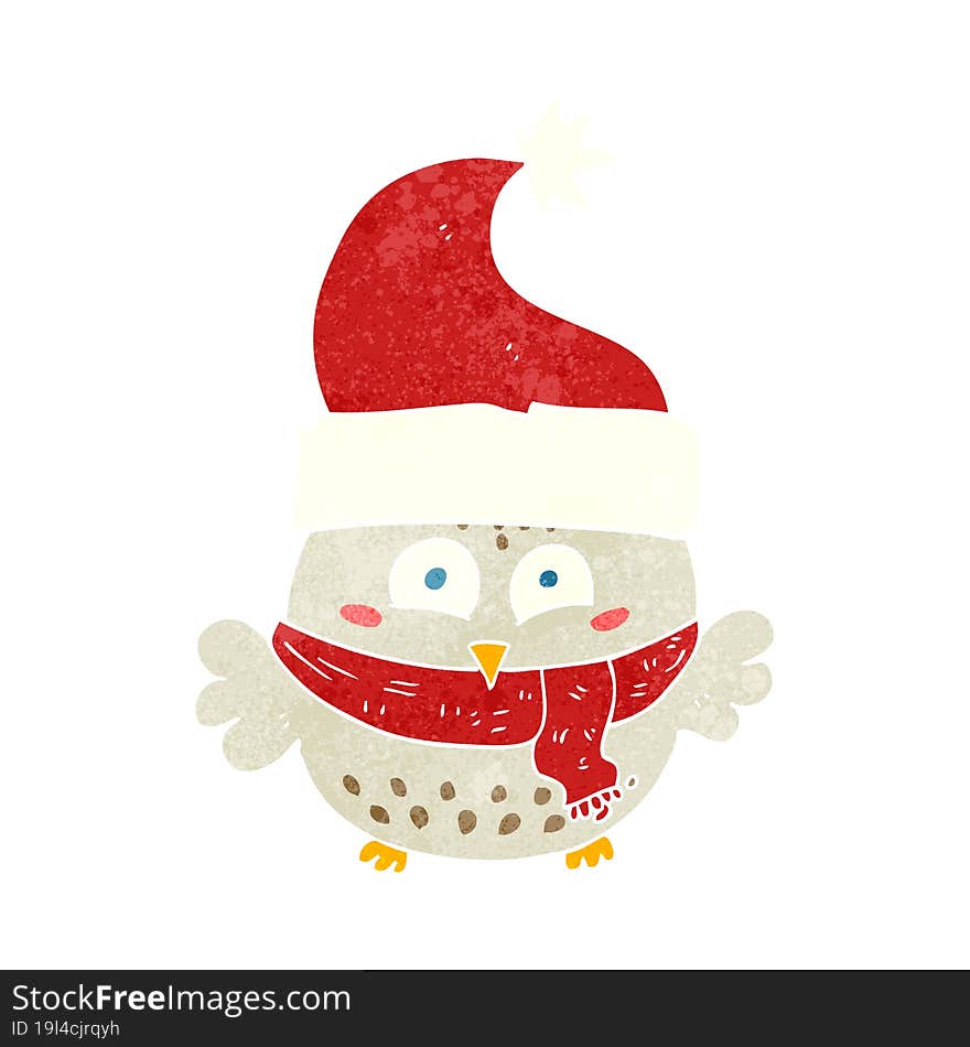 retro cartoon owl wearing christmas hat