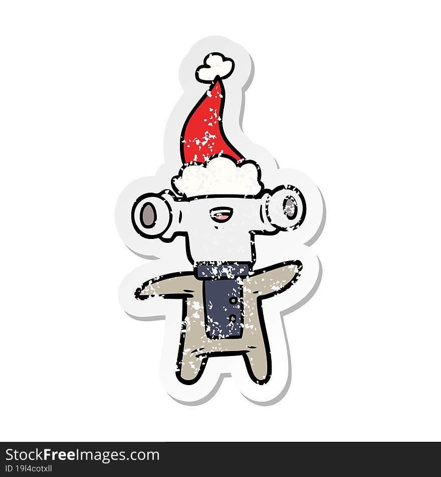 friendly hand drawn distressed sticker cartoon of a alien wearing santa hat