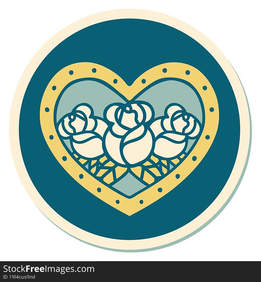 sticker of tattoo in traditional style of a heart and flowers. sticker of tattoo in traditional style of a heart and flowers