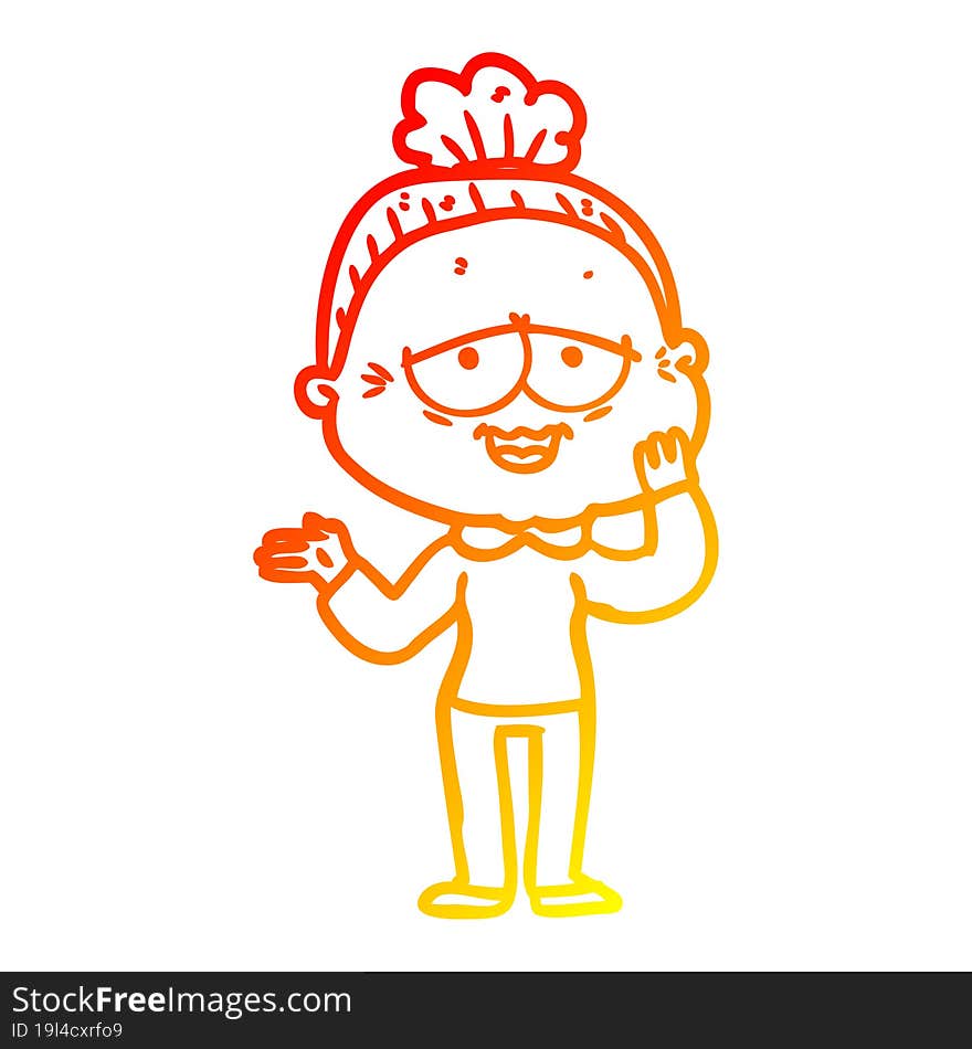 warm gradient line drawing of a cartoon happy old lady