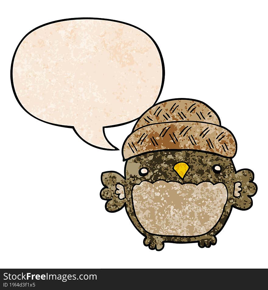 cute cartoon owl in hat and speech bubble in retro texture style