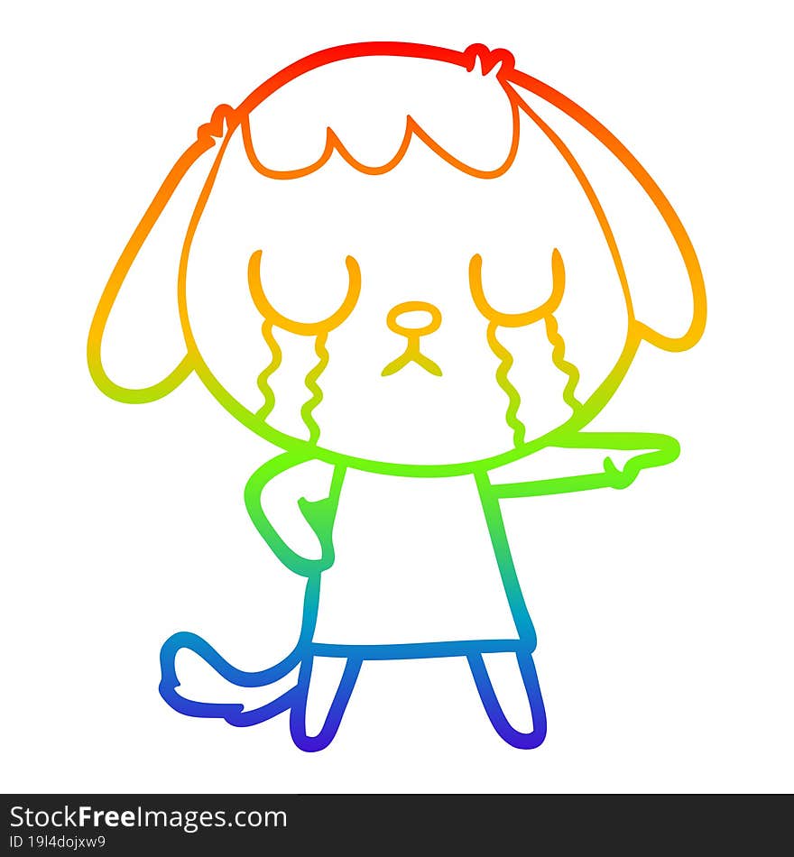 rainbow gradient line drawing of a cute cartoon dog crying