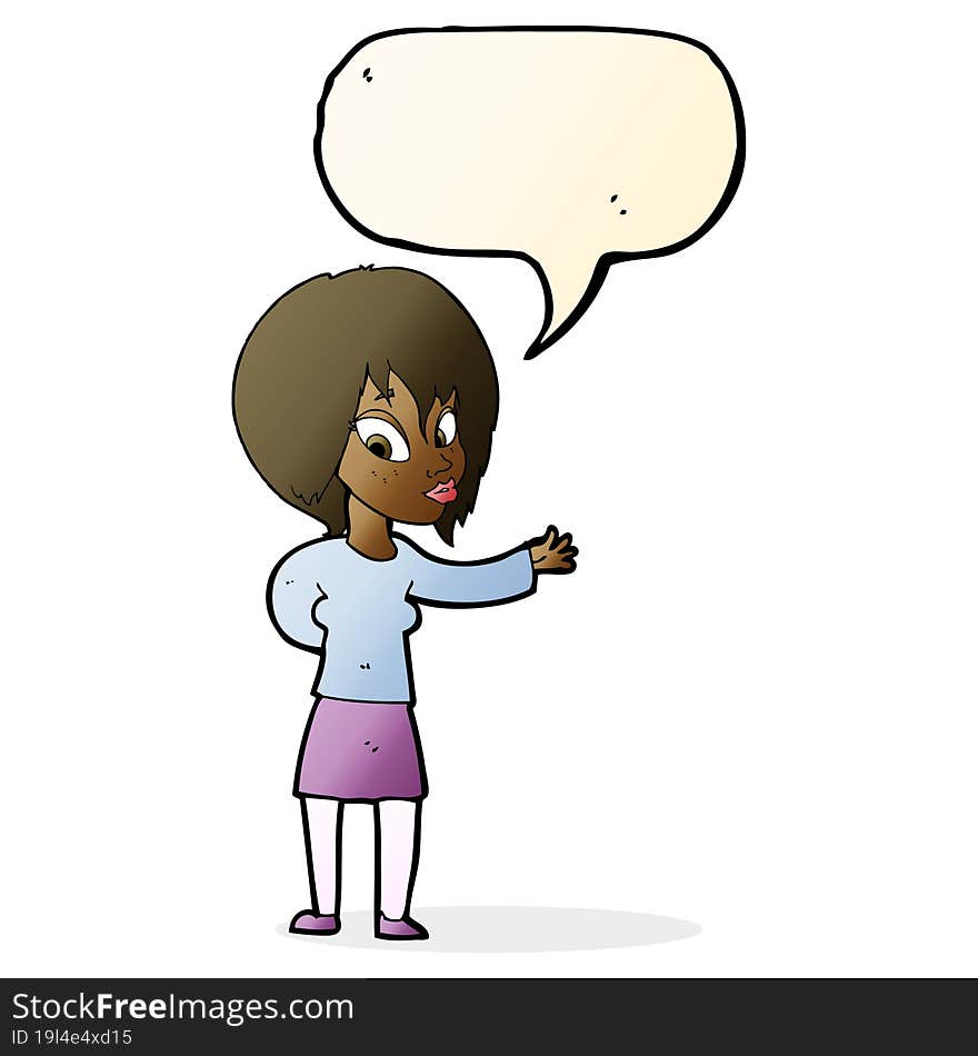 Cartoon Woman Making Welcome Gesture With Speech Bubble