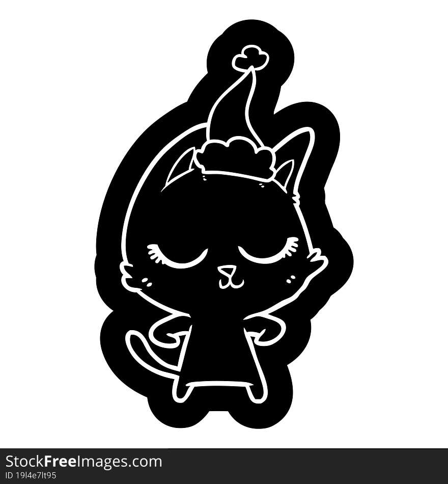 calm cartoon icon of a cat wearing santa hat