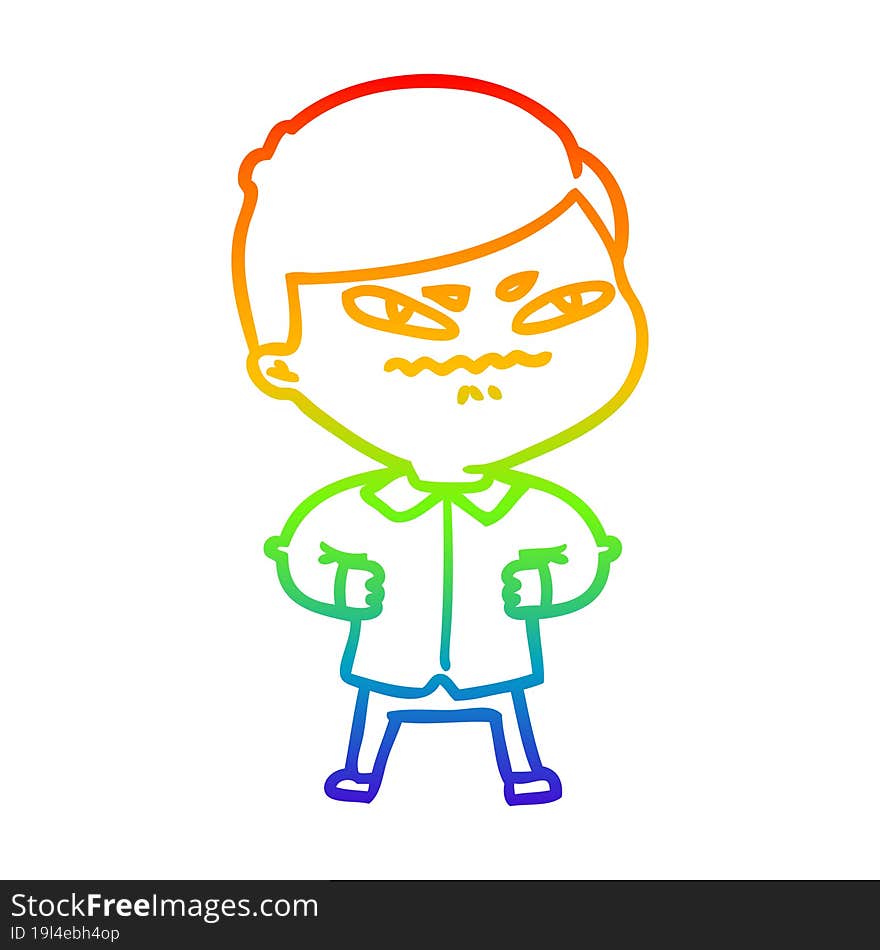 rainbow gradient line drawing of a cartoon angry man