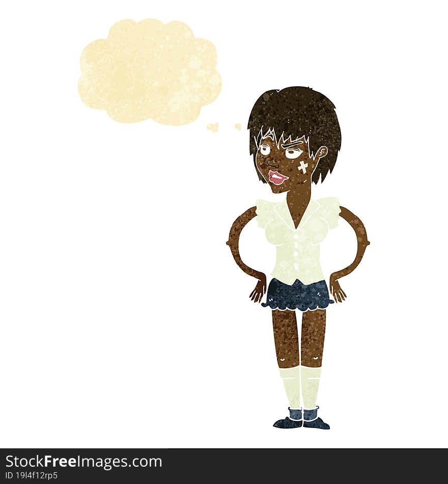 cartoon tough woman with hands on hips with thought bubble