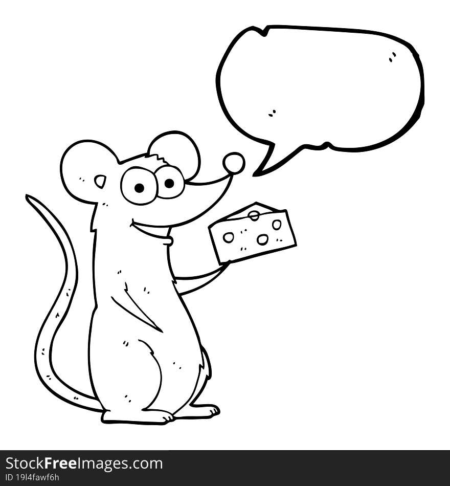 freehand drawn speech bubble cartoon mouse with cheese