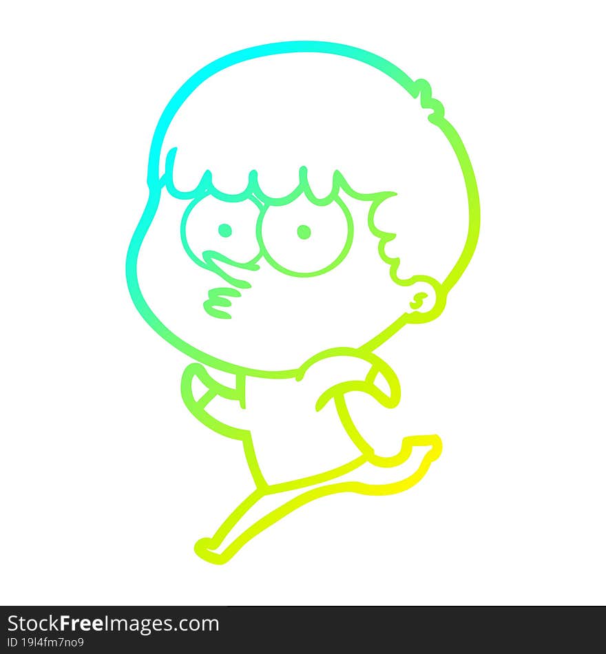 cold gradient line drawing of a cartoon curious boy running