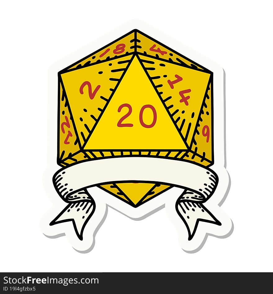 sticker of a natural 20 critical hit D20 dice roll. sticker of a natural 20 critical hit D20 dice roll