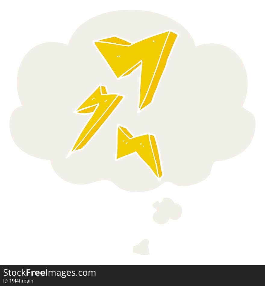 cartoon lightning bolt and thought bubble in retro style