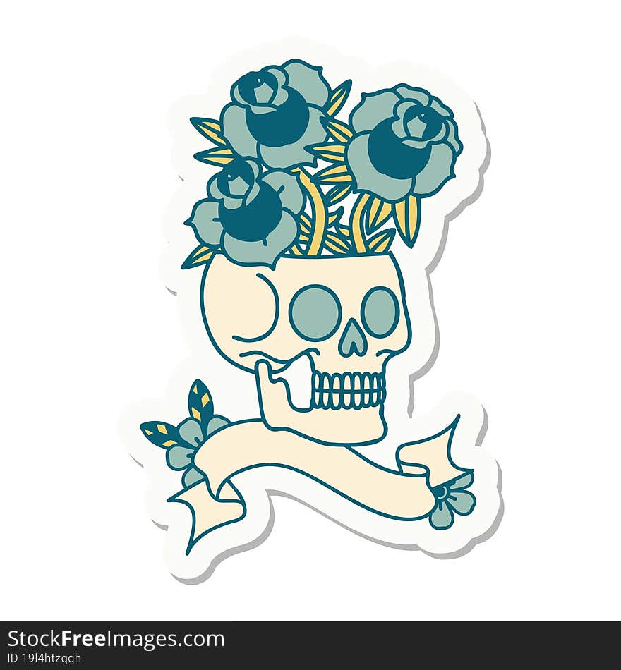 Tattoo Sticker With Banner Of A Skull And Roses