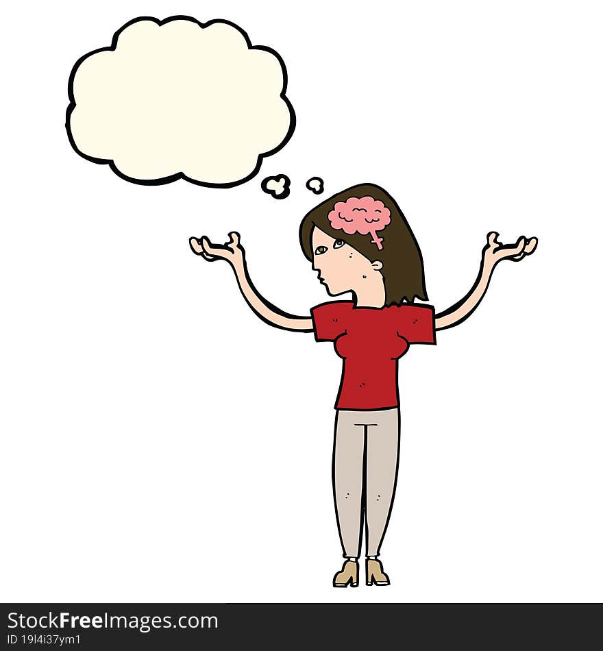 cartoon intelligent woman with thought bubble