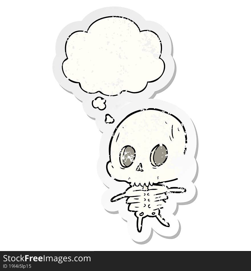 cartoon skeleton with thought bubble as a distressed worn sticker