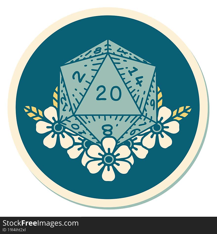 sticker of tattoo in traditional style of a d20. sticker of tattoo in traditional style of a d20