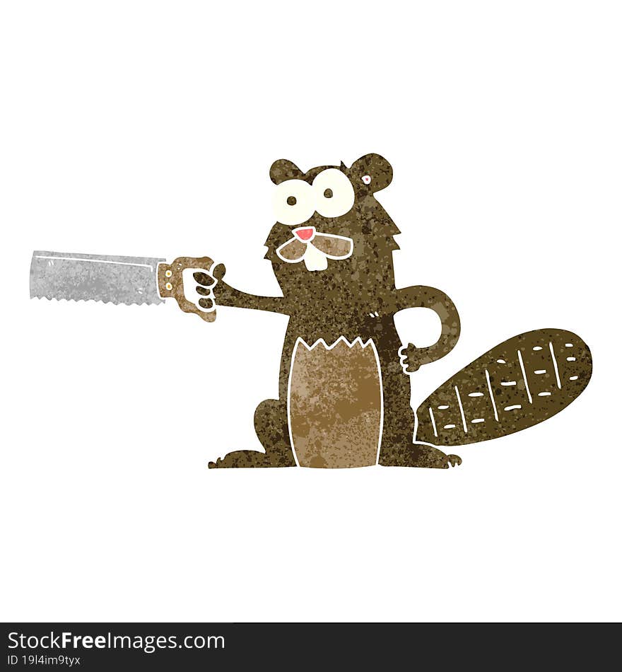 freehand retro cartoon beaver with saw