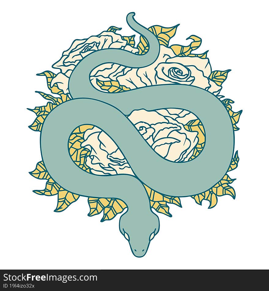 tattoo style icon of a snake and roses