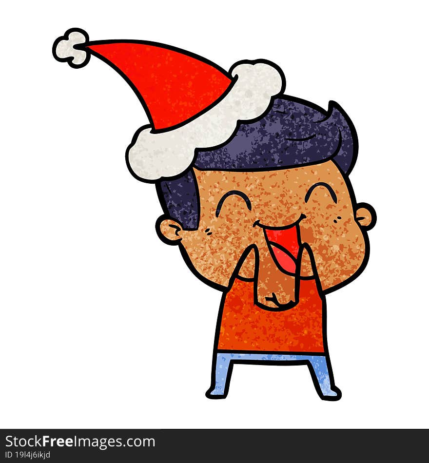 hand drawn textured cartoon of a man laughing wearing santa hat