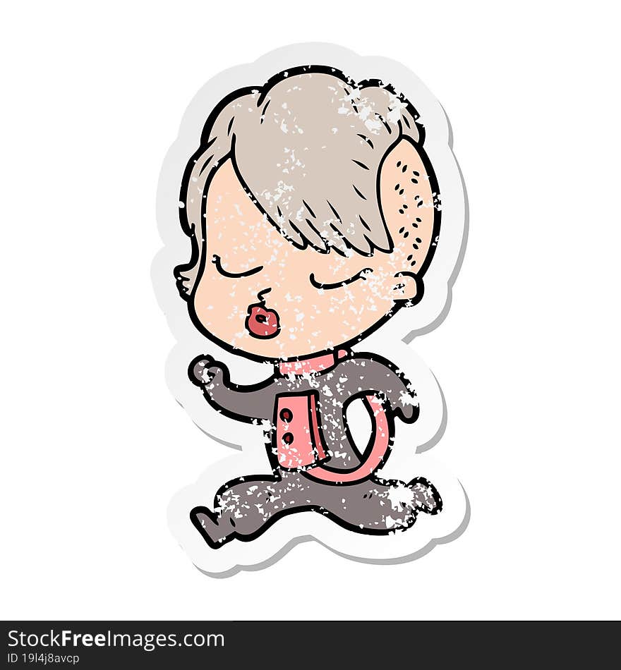 Distressed Sticker Of A Cartoon Pretty Hipster Girl