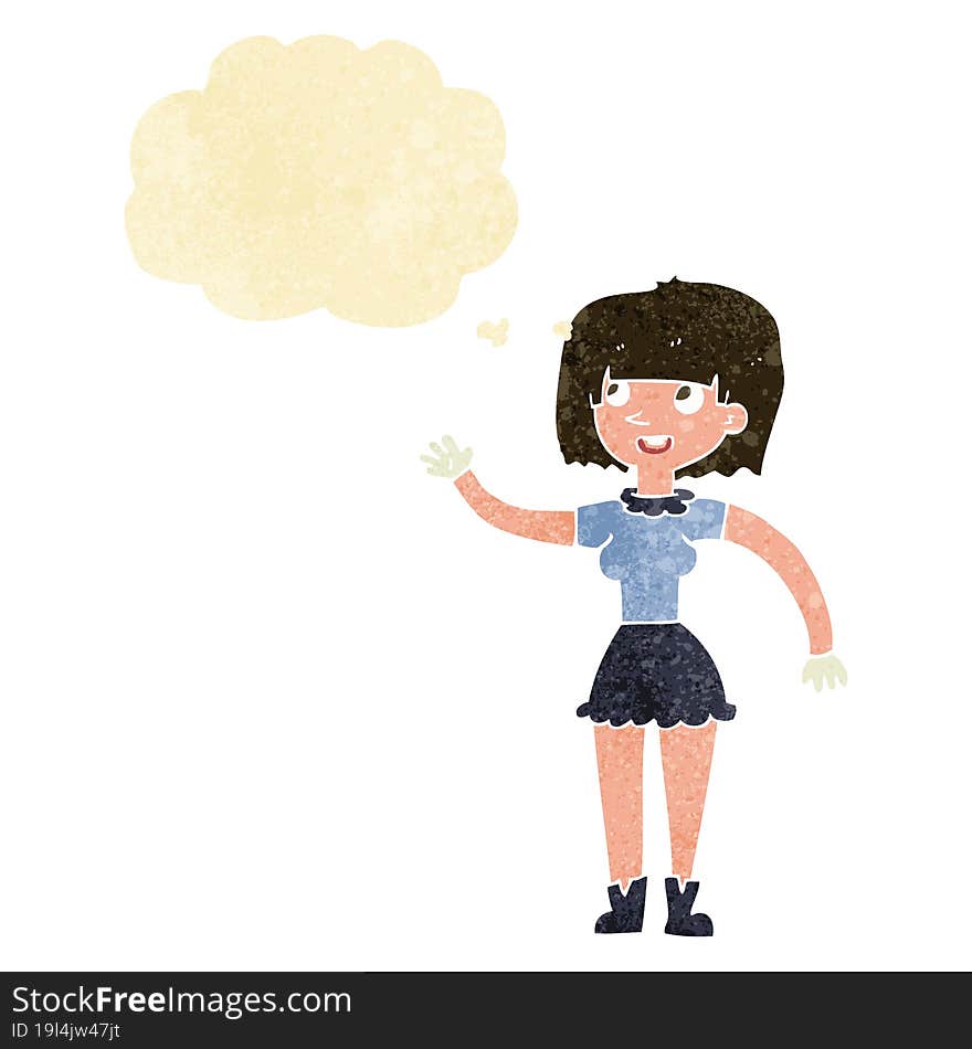 cartoon girl waving with thought bubble