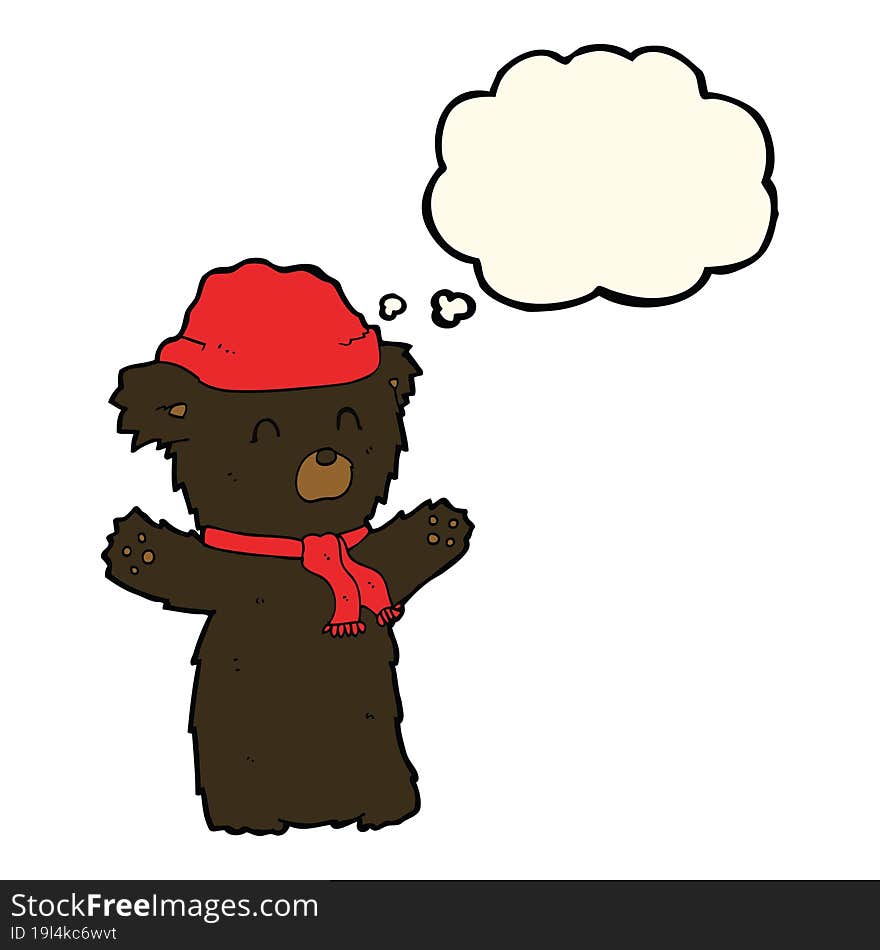 cartoon cute black bear in hat and scarf with thought bubble