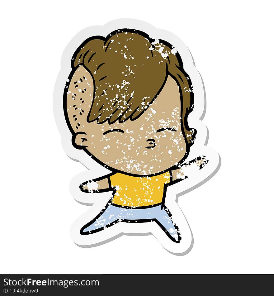 distressed sticker of a cartoon squinting girl