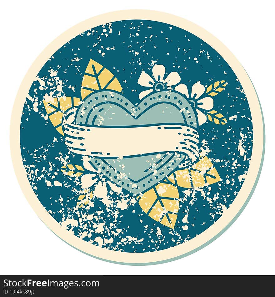 distressed sticker tattoo style icon of a heart and banner