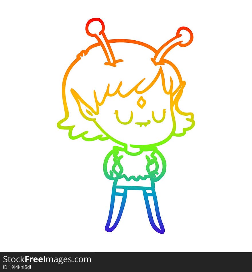 rainbow gradient line drawing of a cartoon alien girl