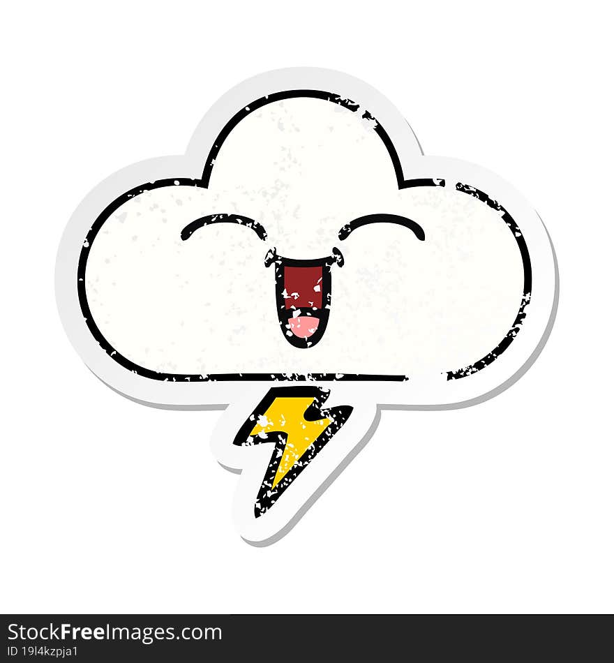 distressed sticker of a cute cartoon thunder cloud