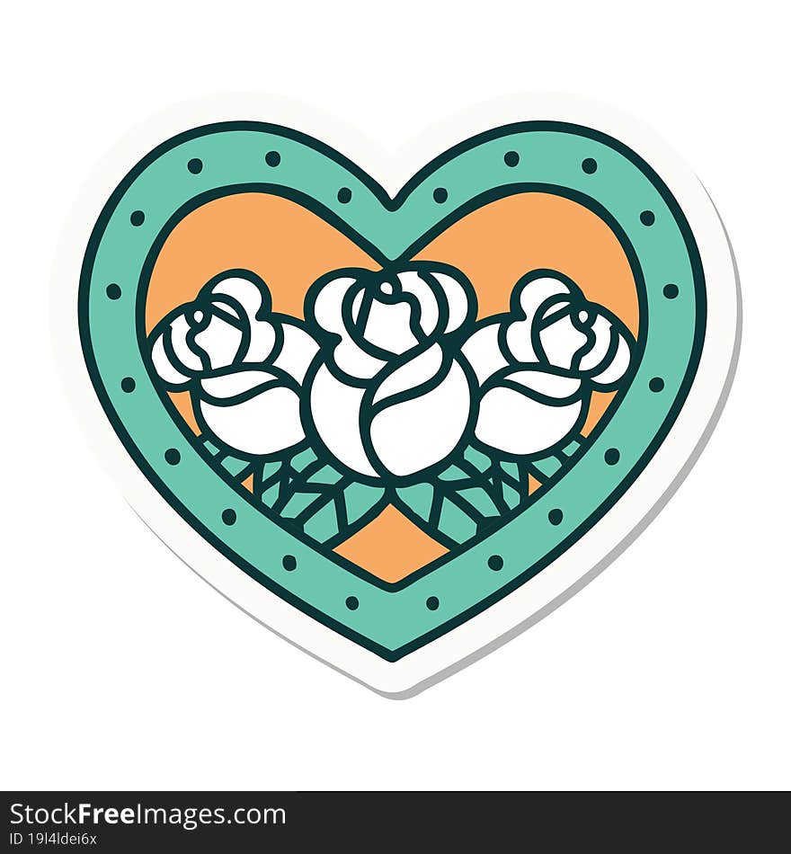 sticker of tattoo in traditional style of a heart and flowers. sticker of tattoo in traditional style of a heart and flowers