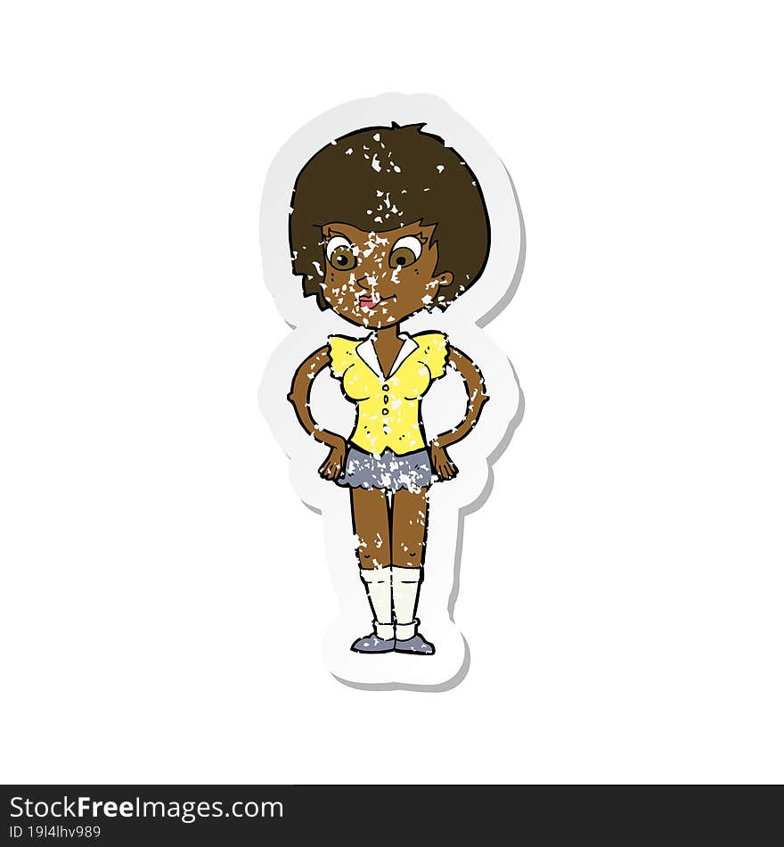 Retro Distressed Sticker Of A Cartoon Pretty Woman With Hands On Hips