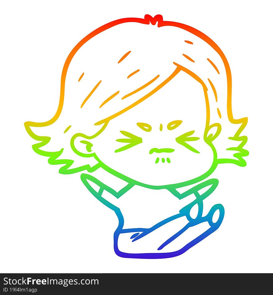 rainbow gradient line drawing of a cartoon angry girl