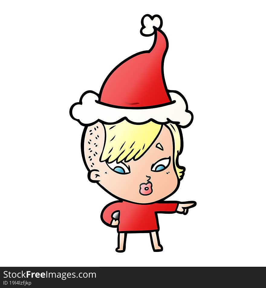 gradient cartoon of a surprised girl pointing wearing santa hat