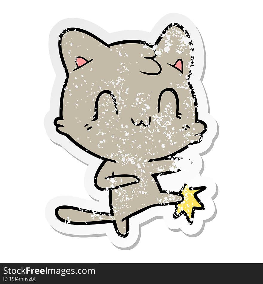 Distressed Sticker Of A Cartoon Happy Cat Karate Kicking