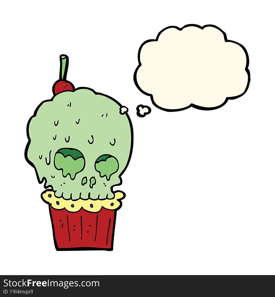 cartoon spooky skull cupcake with thought bubble