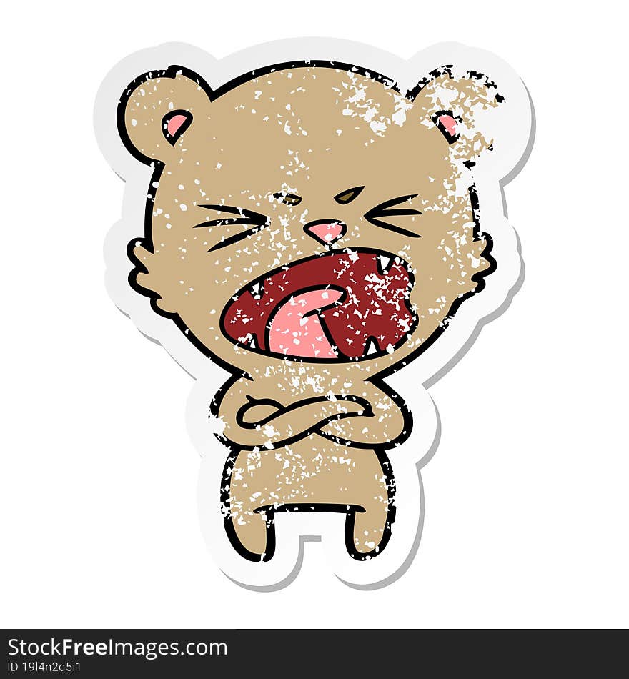 distressed sticker of a angry cartoon bear shouting