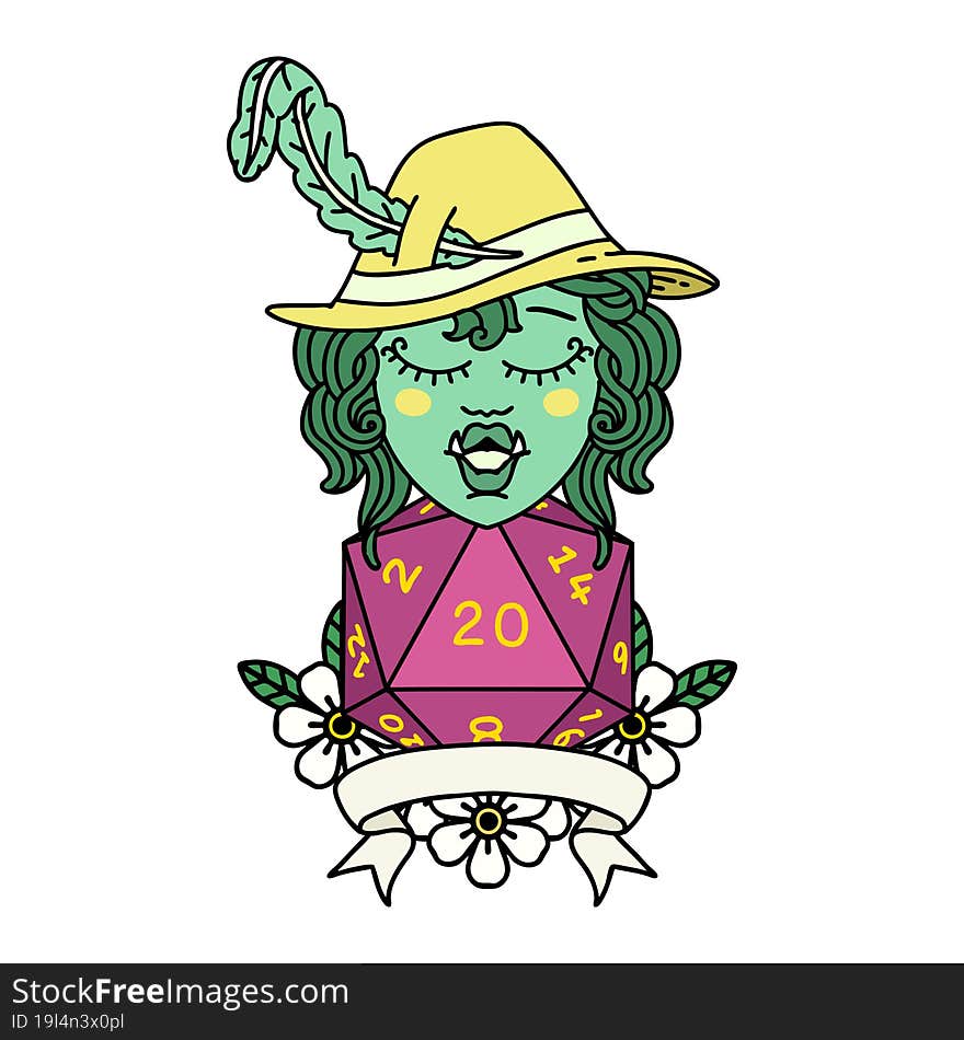 Retro Tattoo Style half orc bard with natural 20 dice roll. Retro Tattoo Style half orc bard with natural 20 dice roll