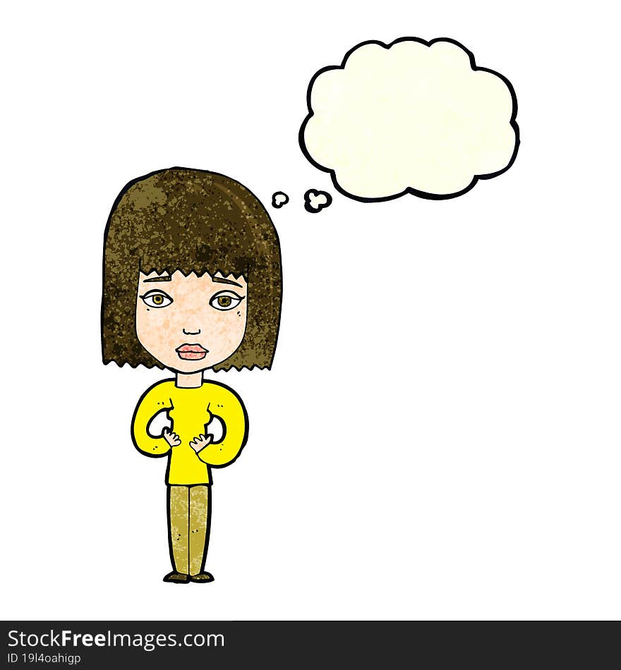 cartoon woman indicating self with thought bubble