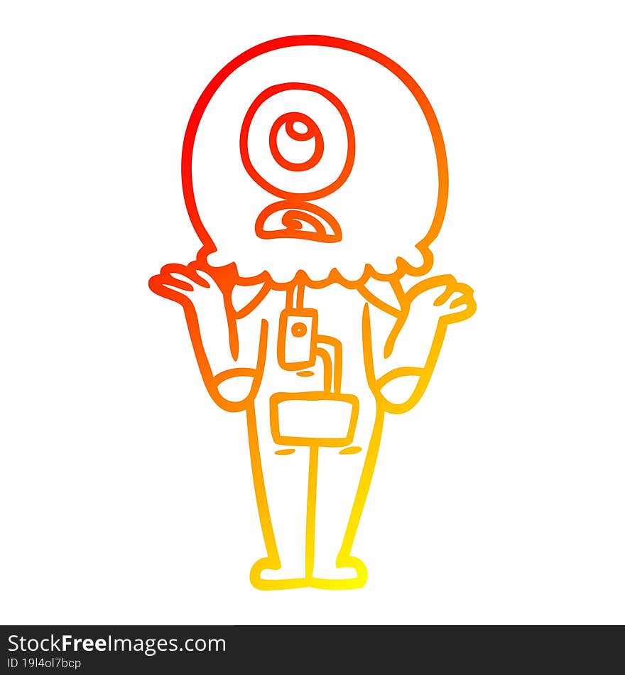 Warm Gradient Line Drawing Cartoon Cyclops Alien Spaceman Shrugging Shoulders