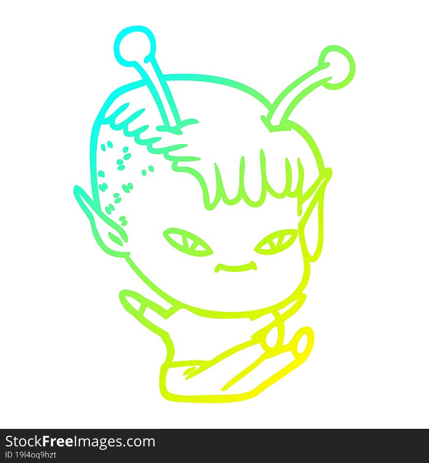 cold gradient line drawing of a cute cartoon alien girl