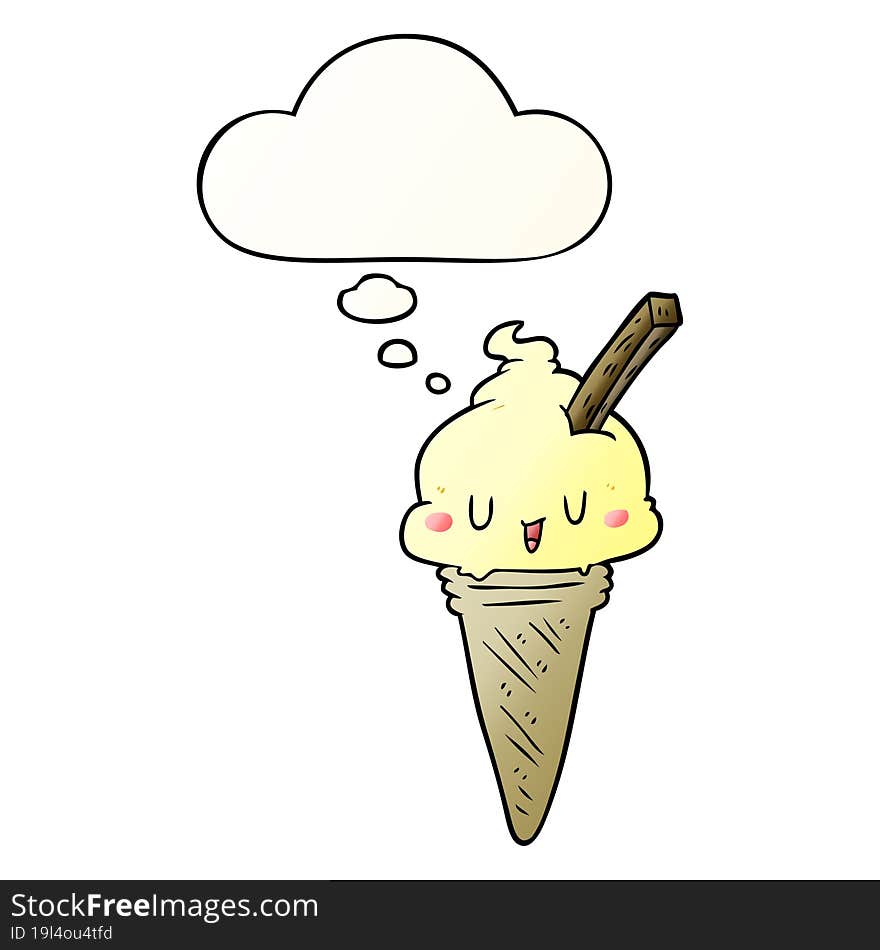 Cute Cartoon Ice Cream And Thought Bubble In Smooth Gradient Style