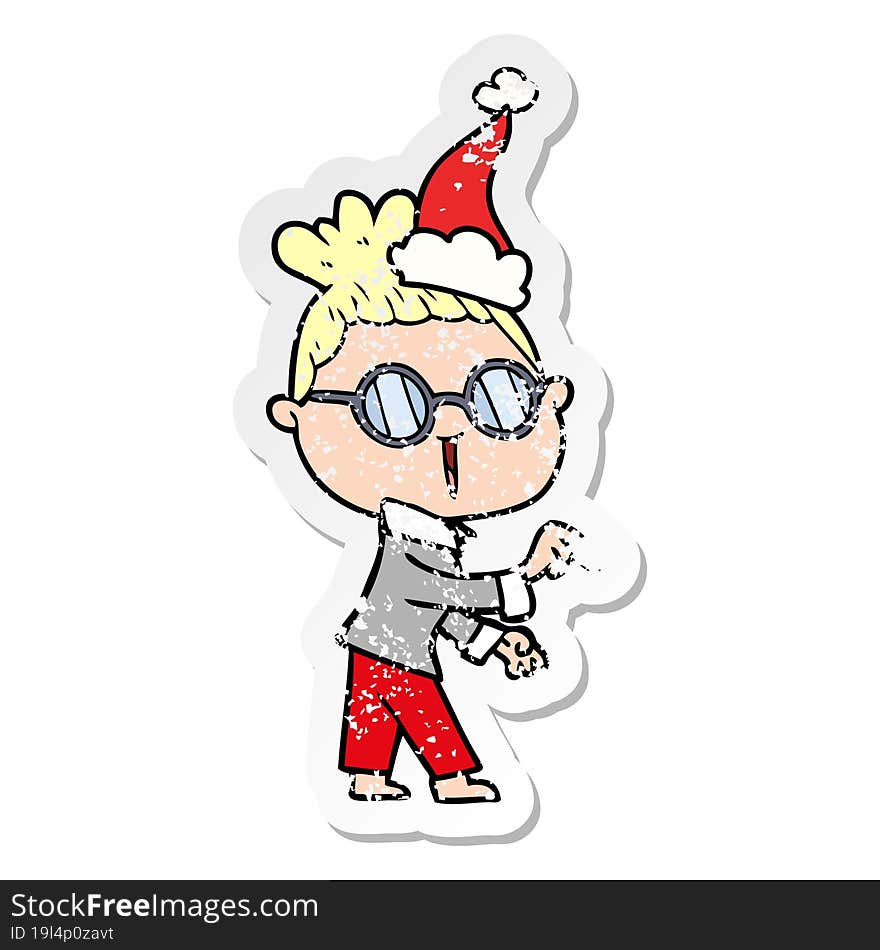 hand drawn distressed sticker cartoon of a woman wearing spectacles wearing santa hat