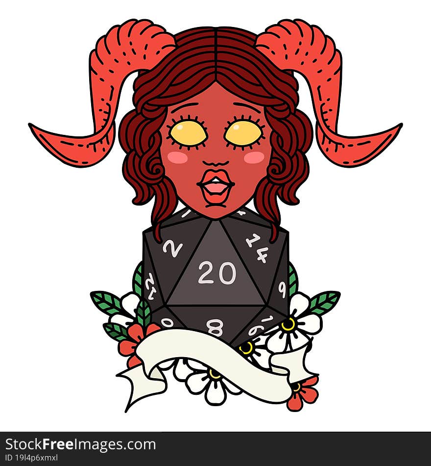 Retro Tattoo Style tiefling with natural twenty dice roll. Retro Tattoo Style tiefling with natural twenty dice roll