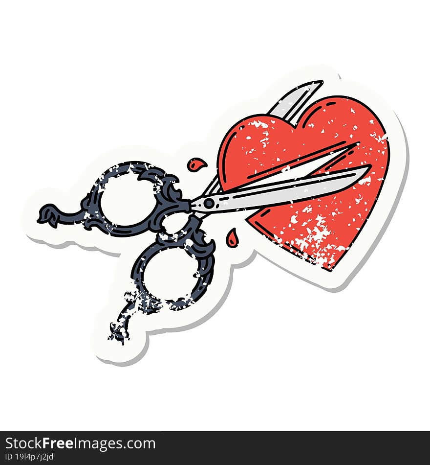 traditional distressed sticker tattoo of scissors cutting a heart