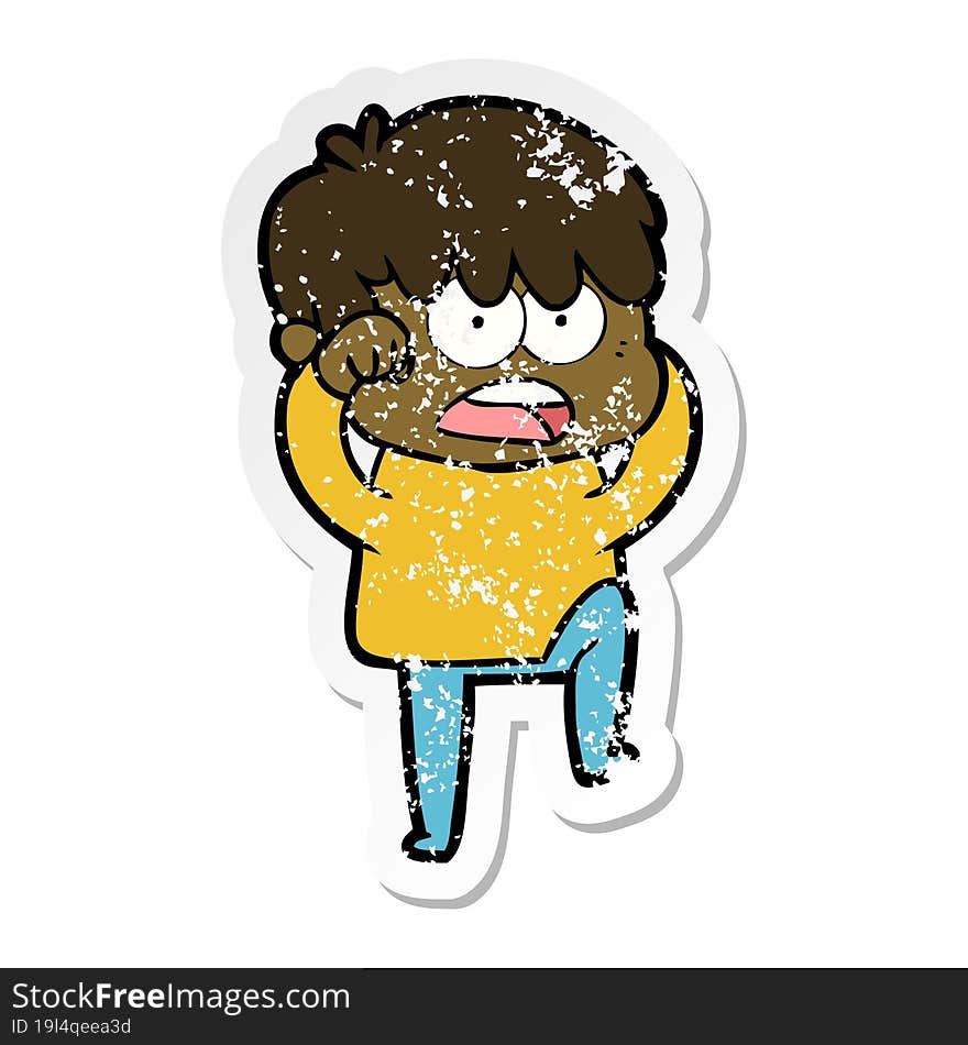 distressed sticker of a worried cartoon boy