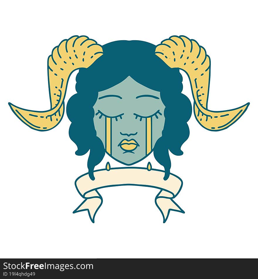 Retro Tattoo Style crying tiefling character face with scroll banner. Retro Tattoo Style crying tiefling character face with scroll banner