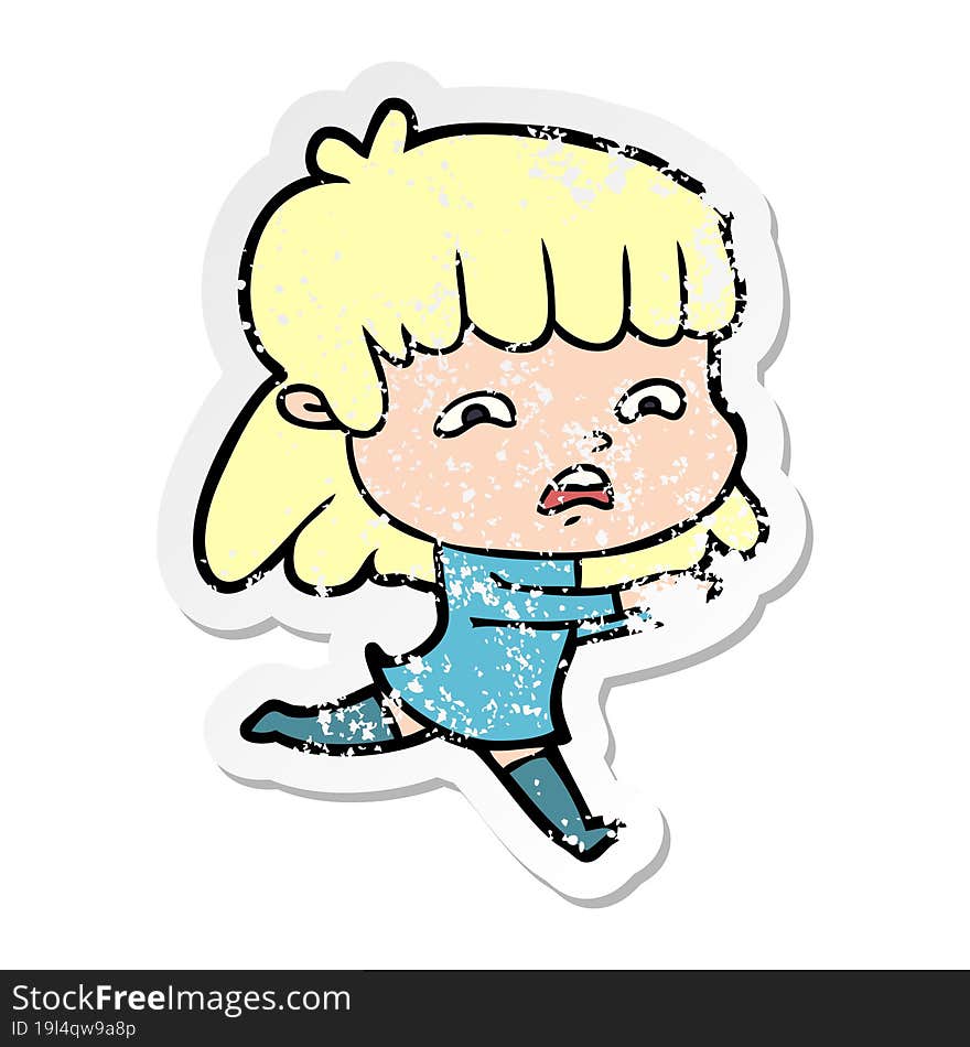 distressed sticker of a cartoon worried woman