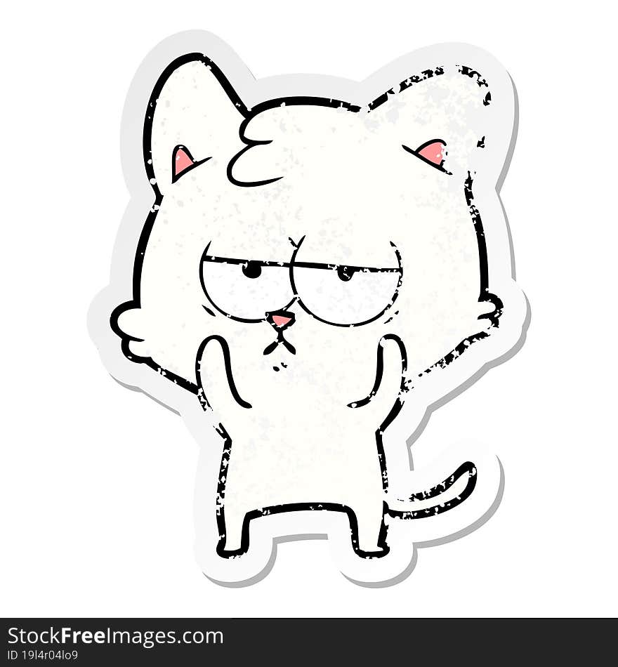 distressed sticker of a bored cartoon cat