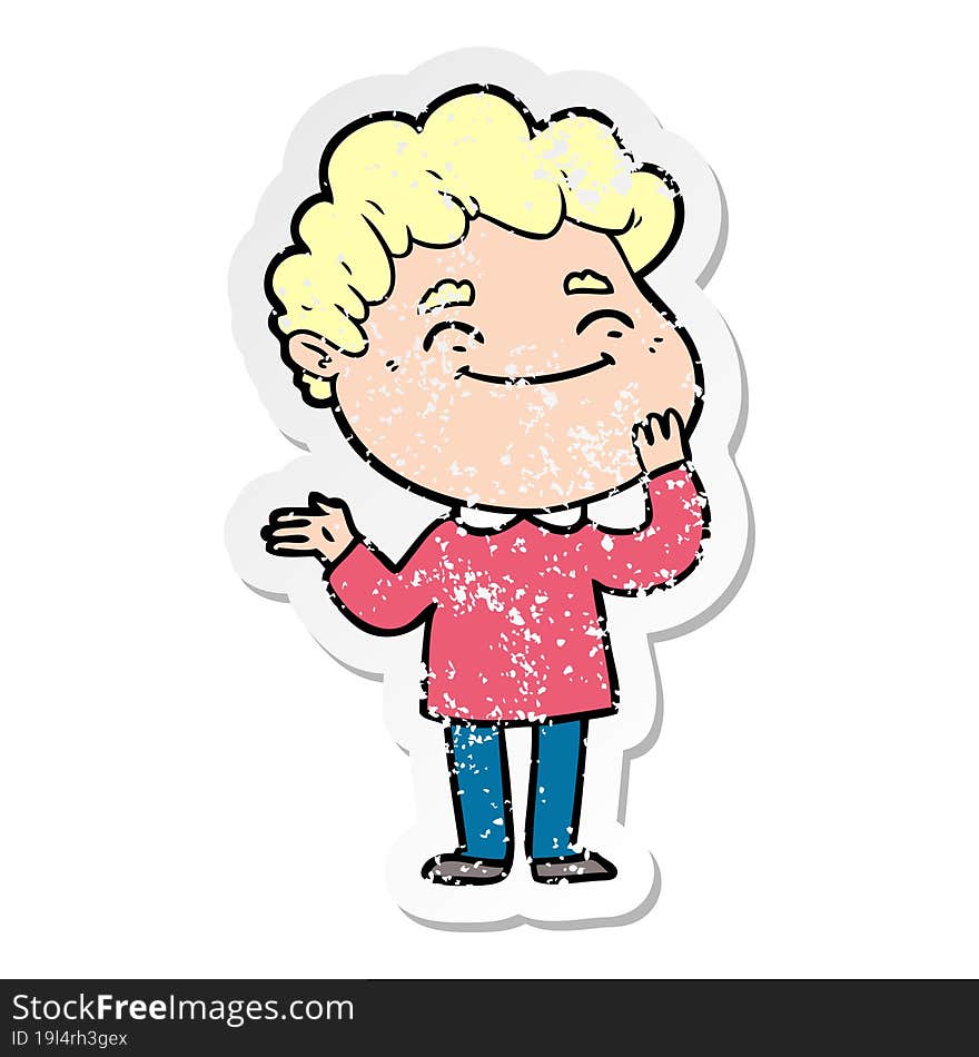 distressed sticker of a cartoon friendly man