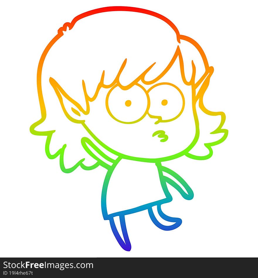 Rainbow Gradient Line Drawing Cartoon Elf Girl Staring